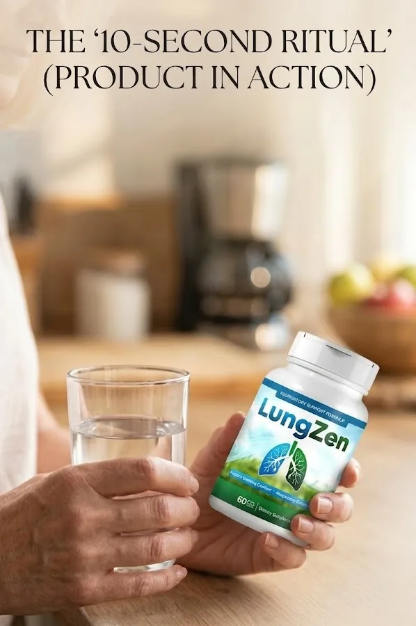 Person holding LungZen lung health supplement with water